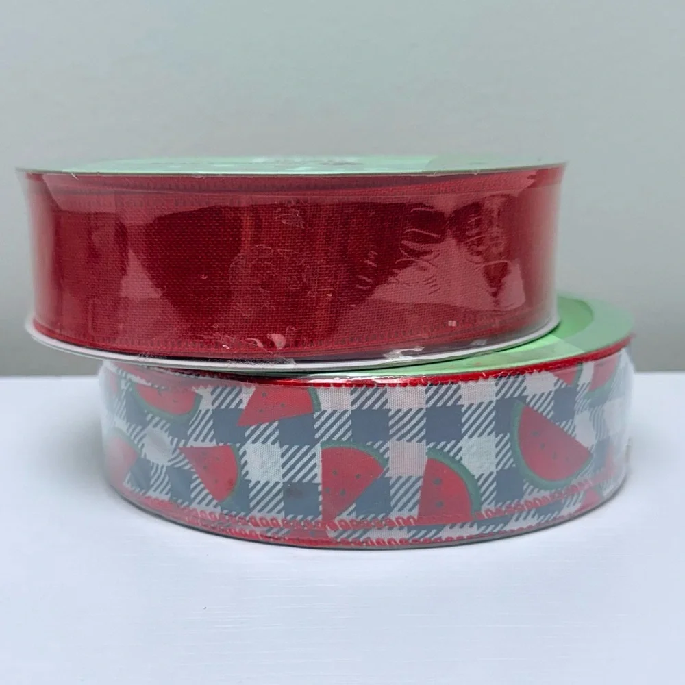New Premium wired edge ribbon, 50 yds x2, one solid red & one plaid watermelon